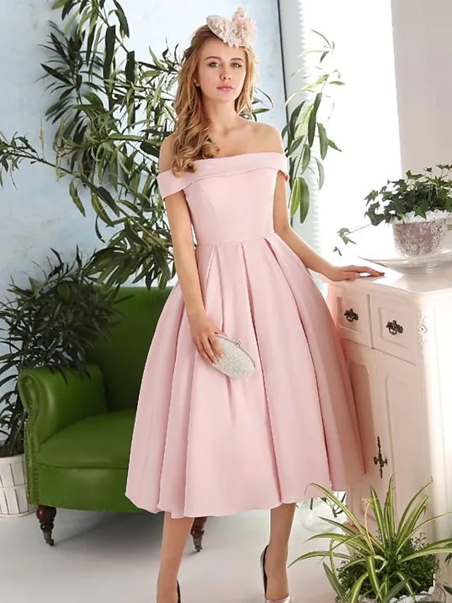Luolandi A-Line Elegant Vintage Engagement Cocktail Party Dress Off Shoulder Sleeveless Tea Length Fabric